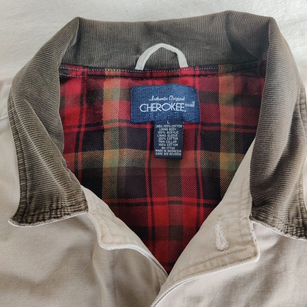 VTG Cherokee Jacket Men's Large Beige Chore Barn Coat Plaid Lined Field‎ Work
